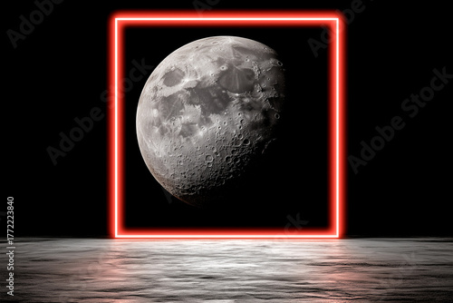 Wallpaper Mural Red square with a large moon in the center. The red square is lit up, creating a dramatic effect. Concept of awe and wonder at the beauty of the moon and the power of the red light Torontodigital.ca