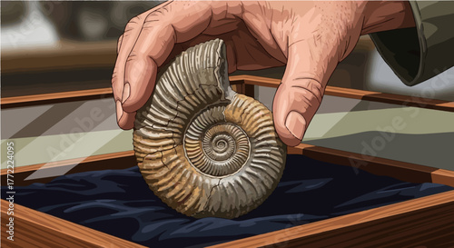 Human Hand Displaying a Detailed Fossilized Ammonite, Evoking Paleontological Study and the Exploration of Earth's History