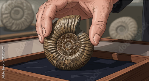 Hand Holding a Large Fossilized Ammonite Shell, Representing Paleontology, Ancient Life, and Geological Discovery
