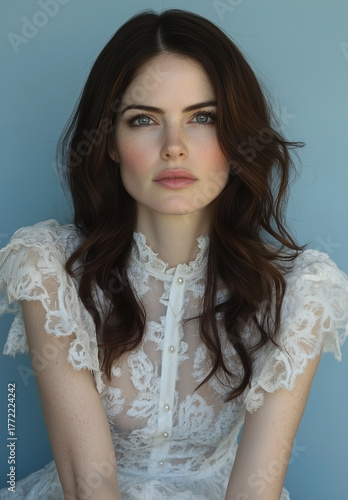Wallpaper Mural Woman with long brown hair and a white lace dress is posing for a photo. Concept of elegance and sophistication, as the woman's attire and makeup suggest a formal or special occasion Torontodigital.ca