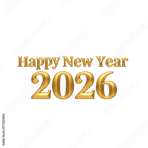 Glossy golden Happy New Year 2026 text transparent PNG image with metallic festive lettering.
