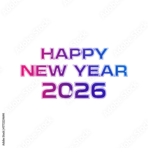Neon gradient Happy New Year 2026 text transparent PNG image with modern festive glow.
