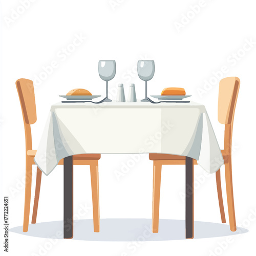 Elegant Table Setting for Two with White Tablecloth and Wine Glasses