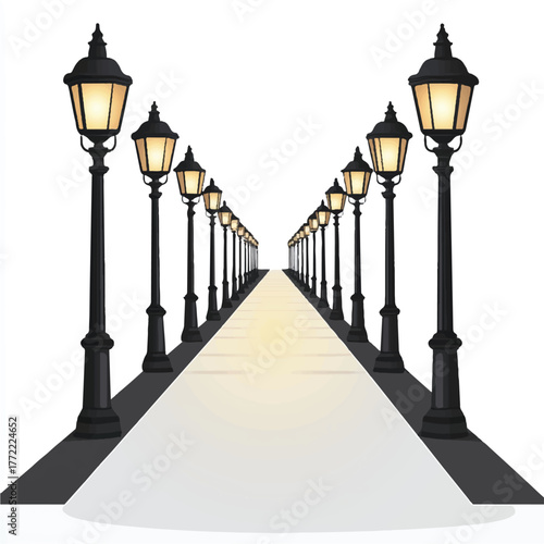  Elegant street lamps illuminate a long pathway creating a beautiful perspective.