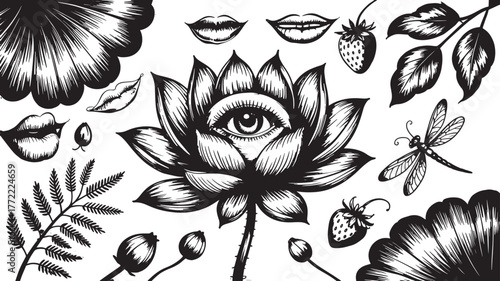 Eye in a lotus flower with strawberries and lips