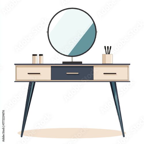 Elegant vanity table with a round mirror and drawers for makeup.