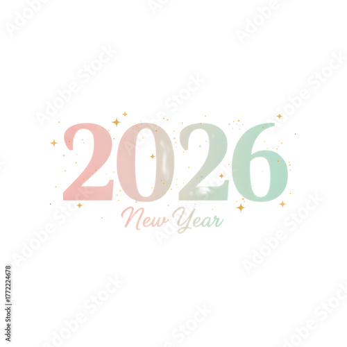 2026 numbers in pastel pink and mint gradient with stars, transparent background.
