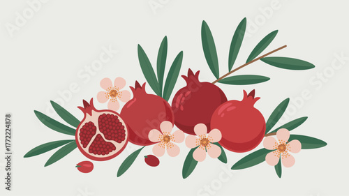 Pomegranates with flowers and leaves