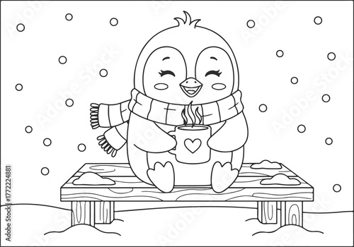 A cute cartoon penguin with a scarf and hot cocoa on a snowy bench, a fun winter-themed coloring page for kids b.eps illustration