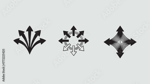 Three abstract arrow designs, showcasing convergence and divergence with stylized black arrows pointing inward and outward, creating dynamic and directional patterns