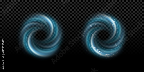 Blue air vortex effect vector illustration. Water swirl with soap bubbles, washing machine door background. Blue spiral whirlpool with transparency