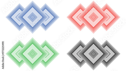 Colorful concentric diamond shapes, featuring blue, red, green, and black color schemes, creating a visually appealing and modern geometric design