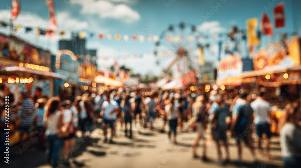 Obraz premium Crowded summer fair with blurred visitors, colorful booths, flags and ferris wheel creating lively festive atmosphere