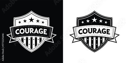 Vintage shield emblem with the word courage, presented in both black and white versions for versatile design applications