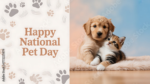 A puppy and kitten cuddling together on a soft rug, celebrating National Pet Day with paw print designs and festive text.