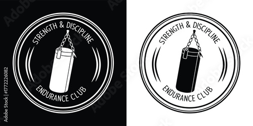 Strength and discipline boxing speed bag emblem with text endurance clubs in black and white, isolated on white background