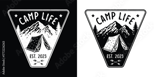 Retro camp life emblem with mountains, tent, and trees, featuring est 2023 and stars, presented in both black and white versions for versatile design applications