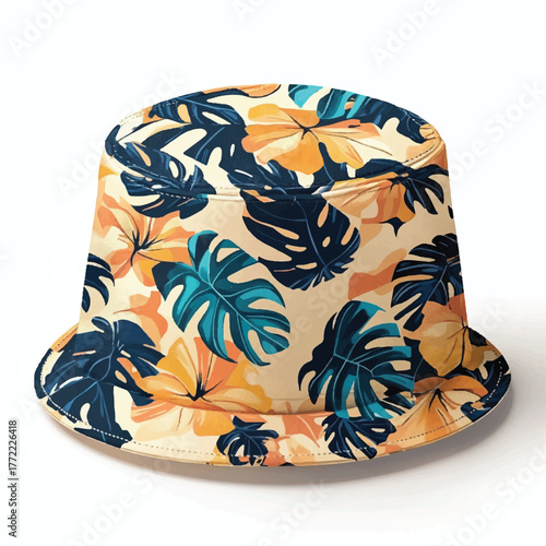  Floral Bucket Hat with Blue and Orange Leaf Pattern