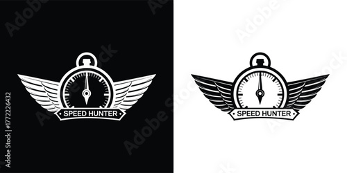 A pixelated winged speedometer emblem with the words speed and hunter, signifying swiftness and the thrill of the chase, available in black and white