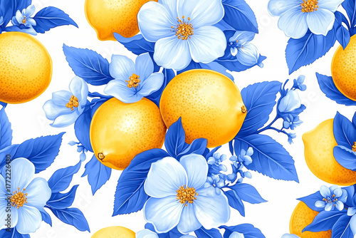Wallpaper Mural Blue and white floral pattern with a few yellow lemons in the middle. The lemons are surrounded by blue and white flowers Torontodigital.ca