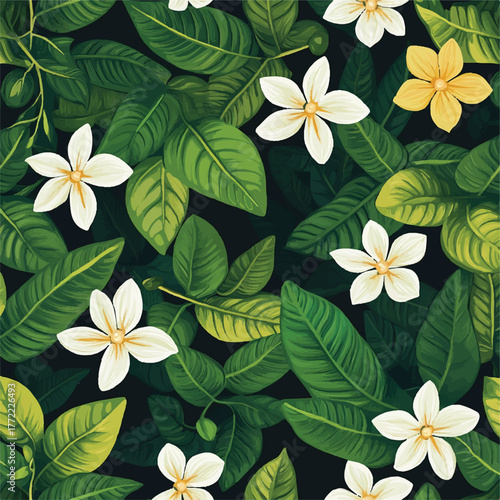 Floral pattern featuring white flowers and green leaves in a seamless design