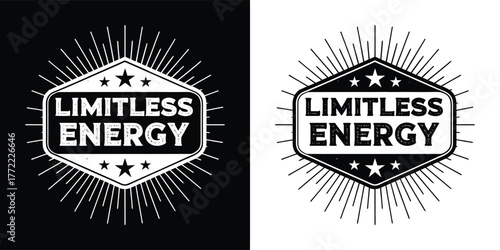 Hexagonal emblem with limitless energy text and star accents, surrounded by a radiating sunburst pattern, in both black and white