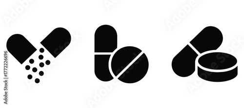 Medical Design Element - Pill Icon Set. Medicament and Pharmaceutical Symbol Black and White Outline.