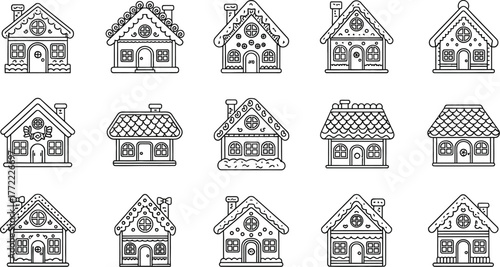 Collection of gingerbread houses, hand-drawn in doodle style for Christmas and New Year