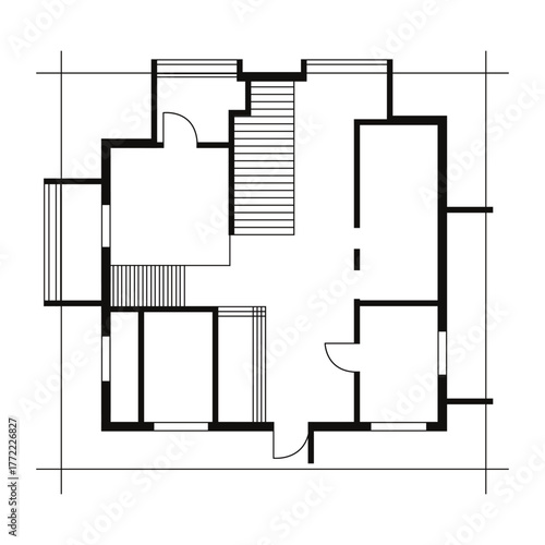 Architectural Floor Plan — Black and White Residential Layout with Staircase