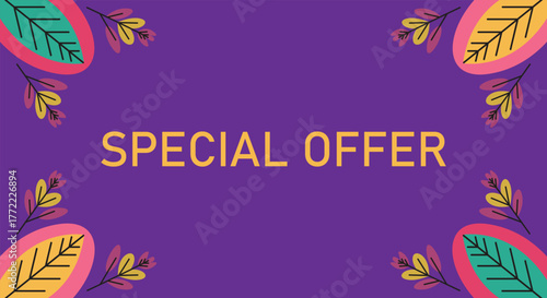 Special Offer Purple Banner — Decorative Leaves and Bold Yellow Text