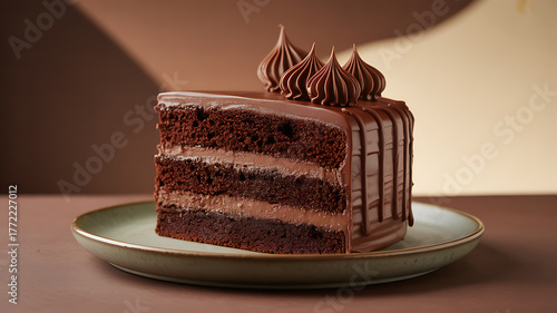 A slice of layered chocolate cake with glossy ganache and piped frosting on a plate