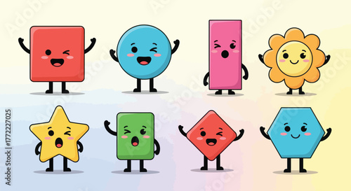 Adorable collection of diverse geometric shapes with cute cartoon faces and expressions