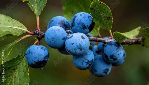 Wallpaper Mural Close-up of dark blue fruit cluster on a woody branch with green leaves Torontodigital.ca