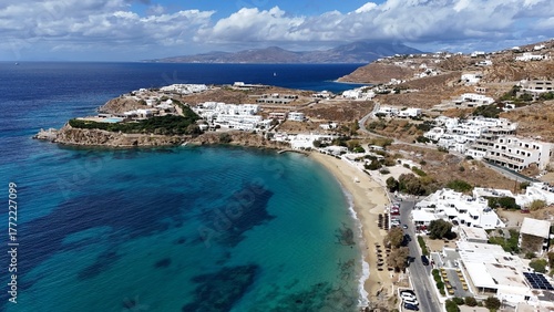 Fototapeta Naklejka Na Ścianę i Meble -  billiant blue waters and shoreline of Mykonos, Greece