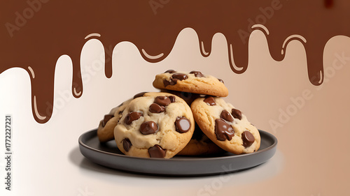 Chocolate chip cookies on a plate with chocolate drizzle background