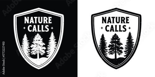 Nature calls logo featuring pine trees, presented in both black and white versions for versatile design applications