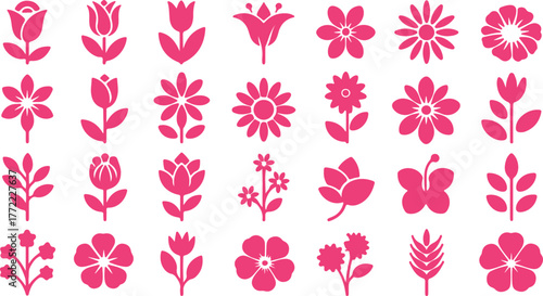 Flowers Silhouette Icon Set – Rose, Daisy, Tulip, Sunflower, Lily, Orchid, Hydrangea, Lavender, Various Flower Species, Vector Illustration