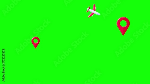 Airplane Flying Between Map Location Pins on Green Screen.