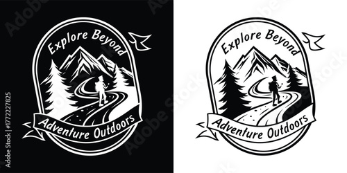 Explore beyond adventure outdoors mountain landscape with hiker on winding road and pine tree silhouette, isolated on white background