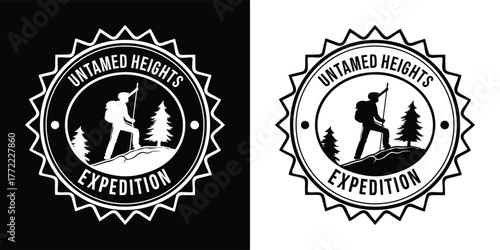 Vintage emblem with a silhouette of a hiker on a mountain peak, with trees and the text untamed heights expedition isolated on white background