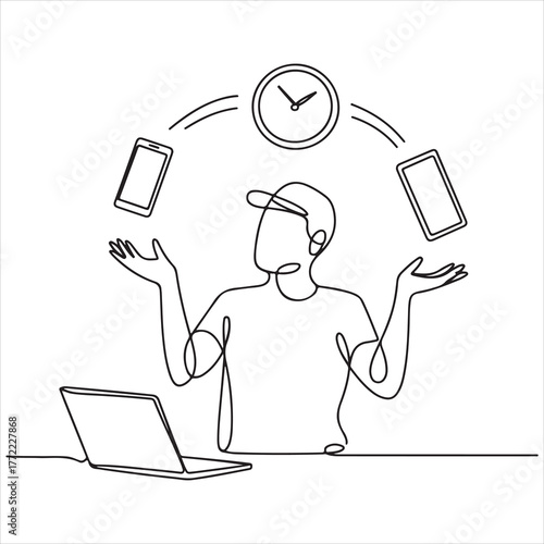 Modern professional juggling work, digital devices, and time in a continuous one-line art illustration
