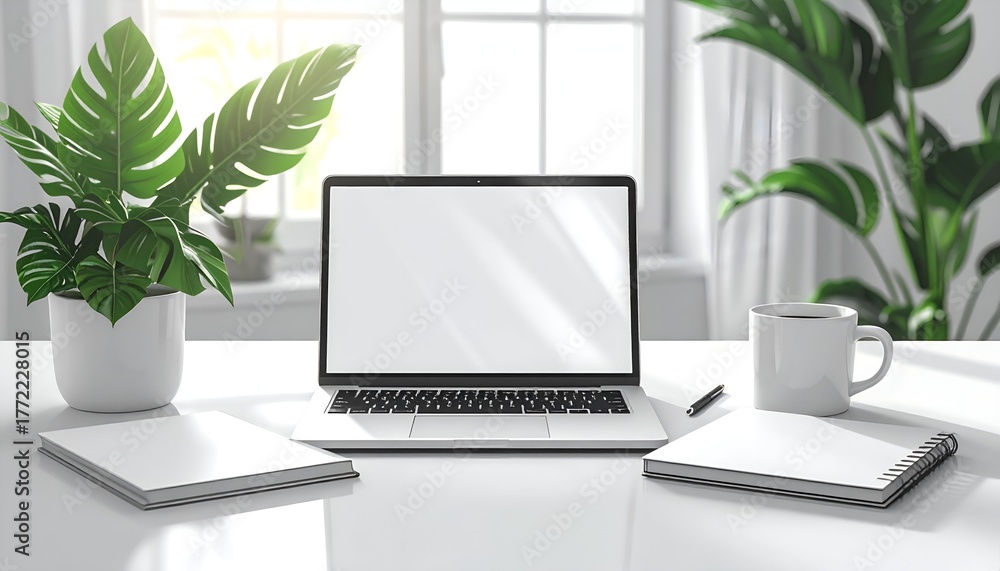 Fototapeta premium Clean Modern Office Desk with Laptop and Green Plants in Bright Natural Light