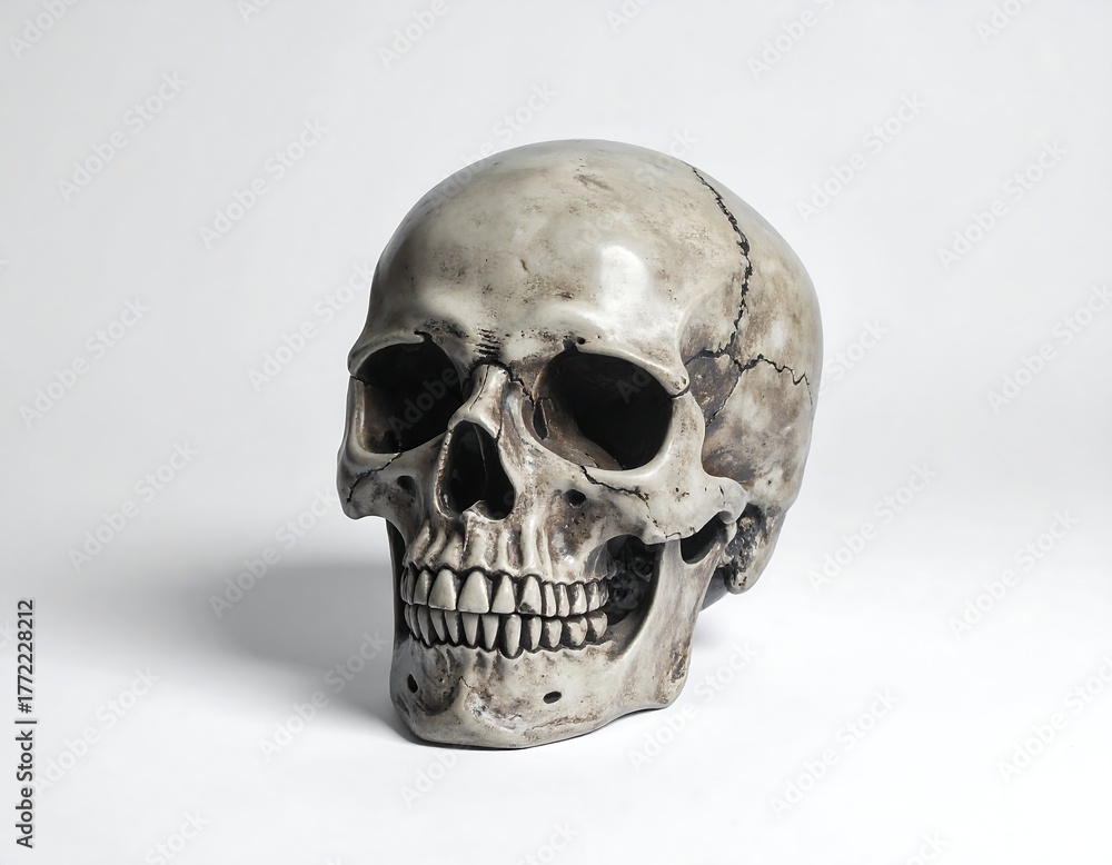 Fototapeta premium Pale, realistic human skull against a clean white backdrop