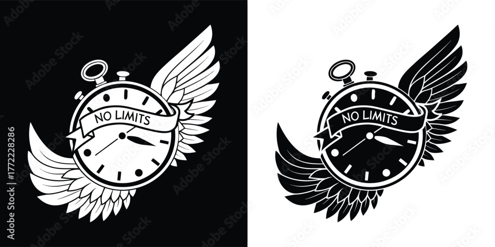 Fototapeta premium A black and white illustration of a clock with wings and a banner reading no limits, presented on both black and white backgrounds