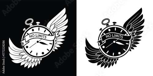 A black and white illustration of a clock with wings and a banner reading no limits, presented on both black and white backgrounds