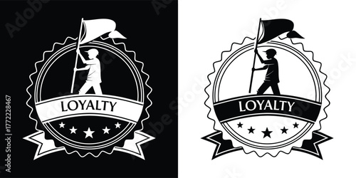 Silhouette of a person holding a flag with the word loyalty on it, set against a black and white background, symbolizing commitment and dedication
