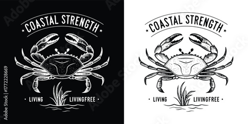 Coastal strength crab logo with ocean plants, isolated on white background