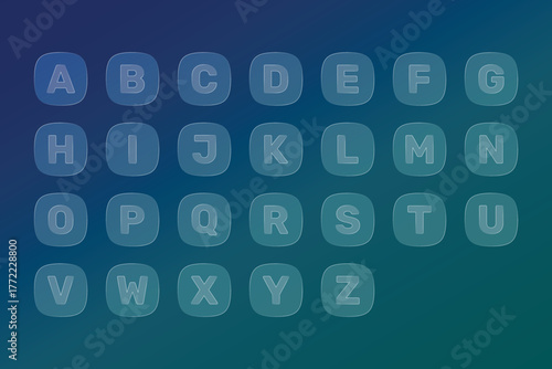 Alphabet icons with glass, liquid effect. Set of letters, abc buttons for interface design. Vector elements