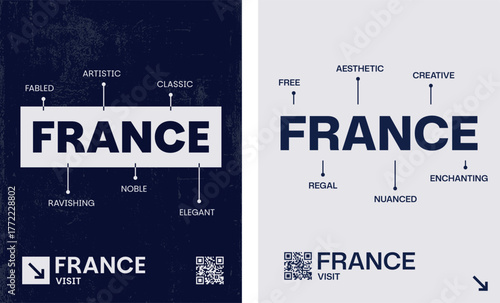 Visit France vector placard set. Travel image with typographic conceptual and modern design, utilitarian style