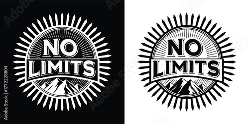 Retro emblem with the text no limits and mountains, set against a sunburst pattern, presented in both black and white versions for versatility